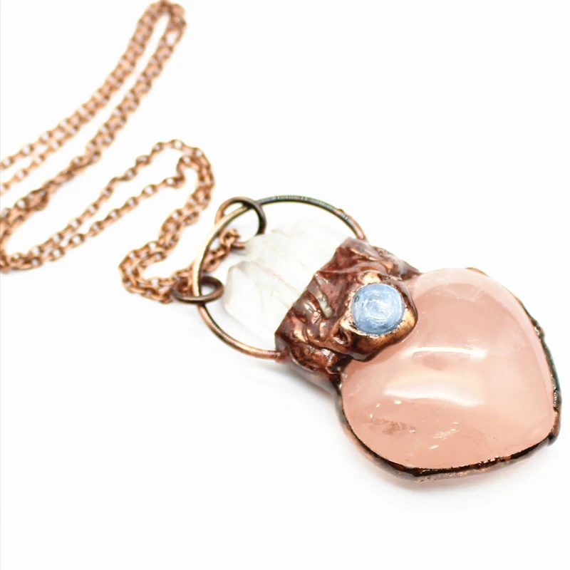 

Natural Rose Crystal Quartz Heart Shape Vintage Pendant BOHO Antique Gold Hoop Aquamarines Beads Necklace Hand Making