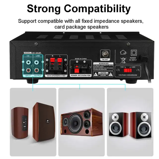 SUNBUCK 2500W 110/220V bluetooth Dual Channel Karaoke Mic Input Digital Reverb Home Stereo Amplifier Support USB SD FM AUX Input 5