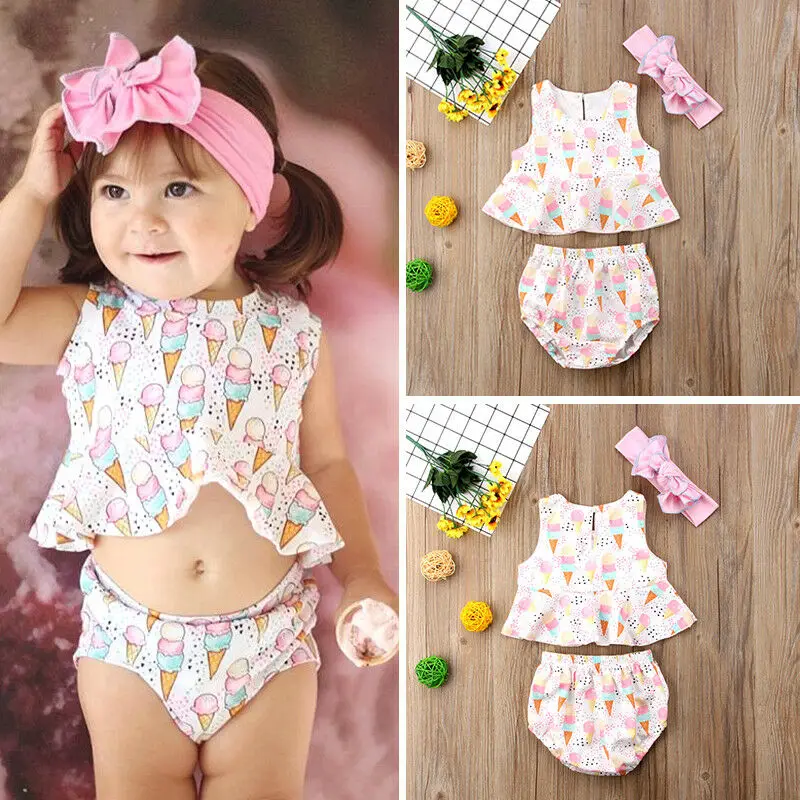 Goocheer/комплект одежды из 3 предметов летний Sunsuit новый жилет для новорожденных девочек с мороженым топы, шорты, повязка на голову