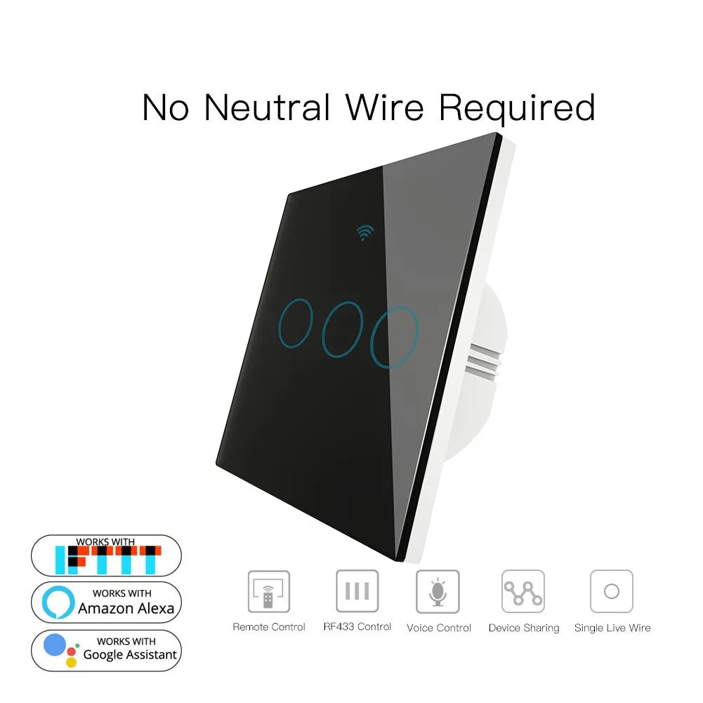 3 Gang Black Черный WiFi умный настенный выключатель без нейтрального провода, нужен беспроводной смарт-пульт дистанционного управления Tuya с Alexa RF433 - Комплект: 3 Gang Black