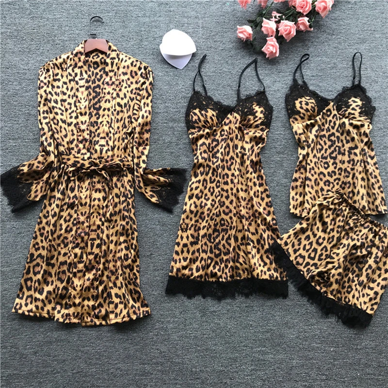

2020 Puimentiua Spring New Long Sleeve Pajamas Ice Silk Fashion Leopard Print Sexy Pajama Set