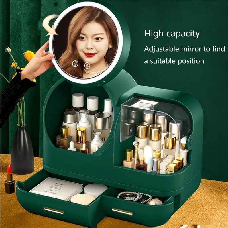 New Cosmetic Storage Box Led Light Internal Fan Makeup Box Household