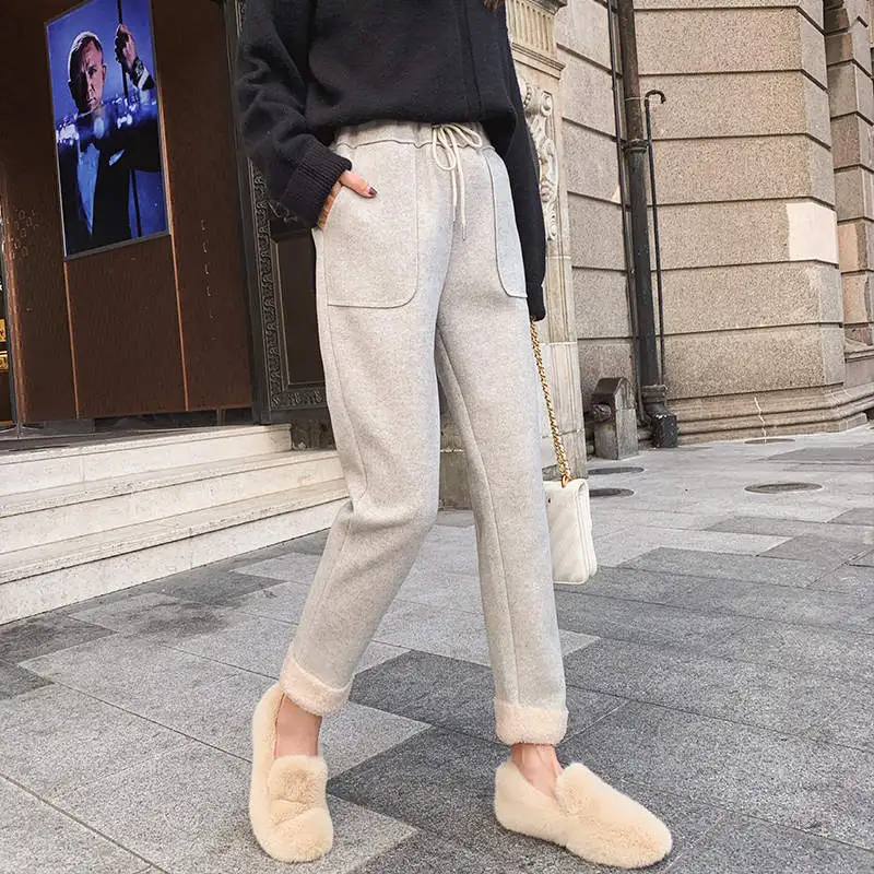 apricot pants Новые шерстяные женские шаровары на шнуровке из овечьей шерсти с отстрочкой на осень и зиму, женские теплые штаны с высокой талией, женские спортивные штаны C5996 - Цвет: apricot pants