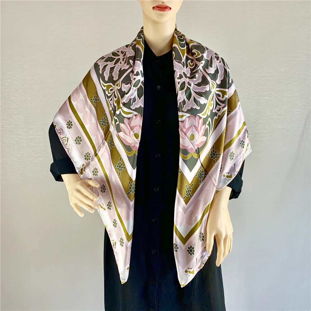 

DUNZHIYUN Dunhuang Culture Silk Drape Women's Scarf Pink Flower Print Square Towel Silk Road Luxury Female Shawl Accessories