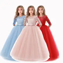 Платье для девочек; винтажное кружевное платье с цветочным узором и рукавами 3/4; длинное платье для свадебной вечеринки; вечернее платье для танцев