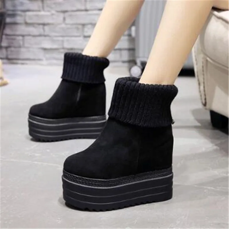 

Hot Winter Newest 14CM Heels Shoes Women Wedge Boots Increased Flock Female Matte Warm Wool Mouth Short Ankle Boots Black Brown