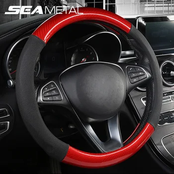 

38cm Steering Wheel Cover Pu Leather and Carbon Fiber Car Steering Wheel Covers Anti-Slip Auto Steering-Wheel Protective Cover