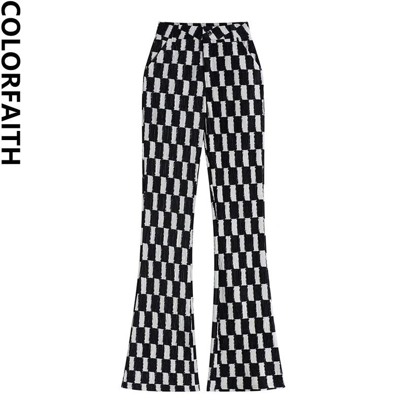 Colorfaith 2022 Y2k High Waist Checkered Checkerboard Capris Vintage Spring Autumn Women Ankle