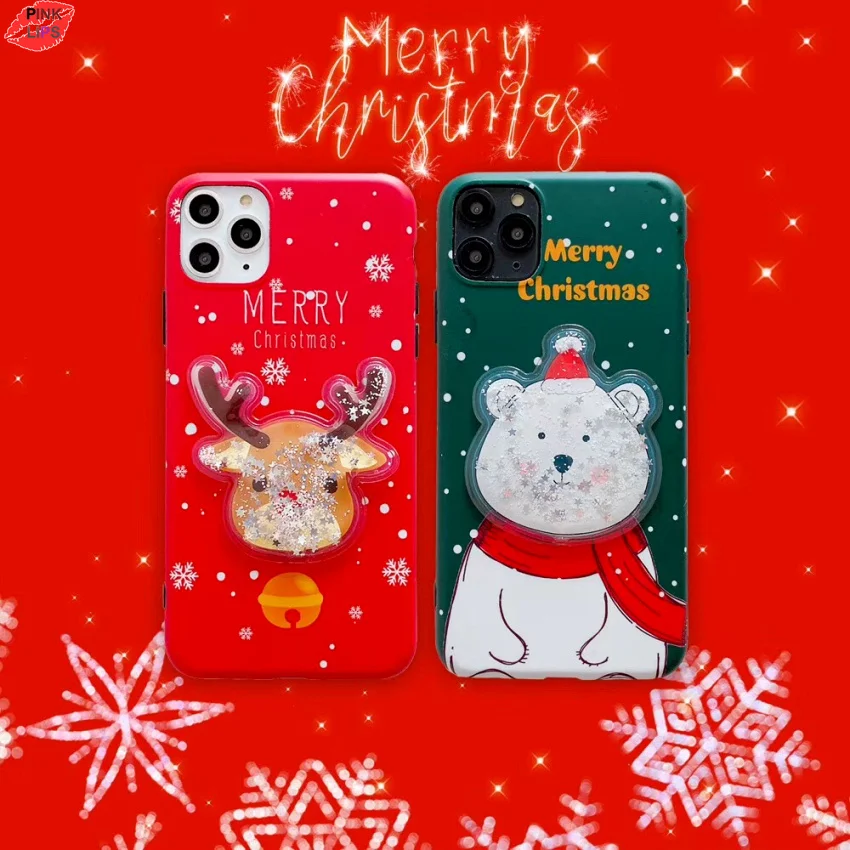 Glitter Christmas Deer Bear Phone Case For iPhone XR 11 Pro XS Max X 8 7 6 6s Plus Dynamic Liquid Quicksand Bling Sequins Cover (13)