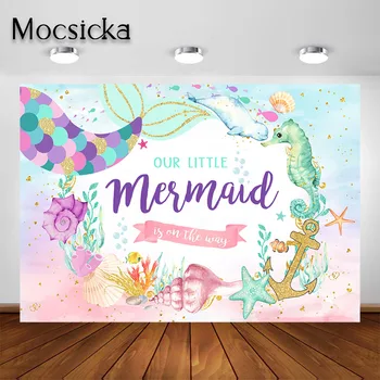 

Mocsicka Mermaid Girl Baby Shower Backdrop Under Sea Mermaid Tail Baby Shower Party Decorations Photography Background Banner