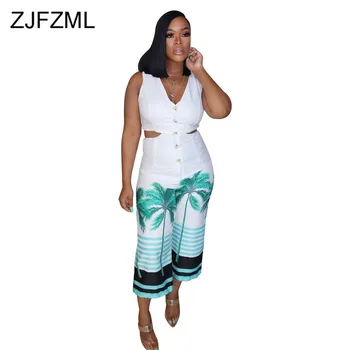 

Leaves Striped Print Summer Jumpsuit Women Deep V Neck Sleeveless Wide Leg Bodysuit Casual Button Up Backless One Piece Overall