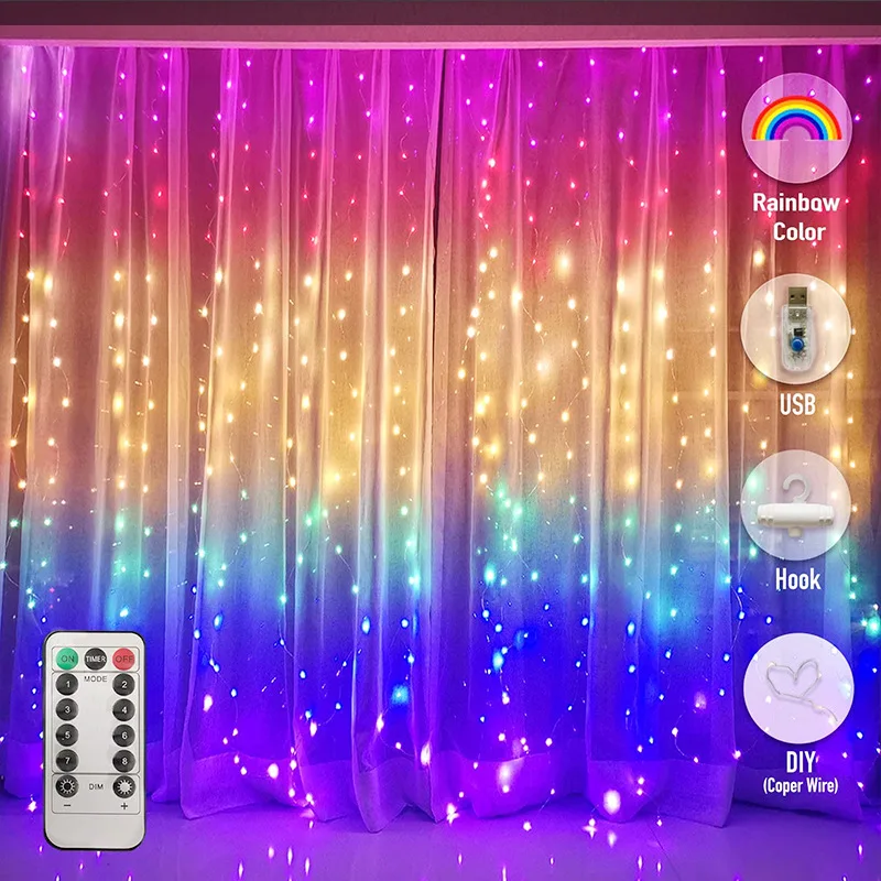 3M Rainbow LED Garland Curtain Lights Fairy String Remote Control USB Christmas Lamp Holiday Decoration For Home Bedroom Window