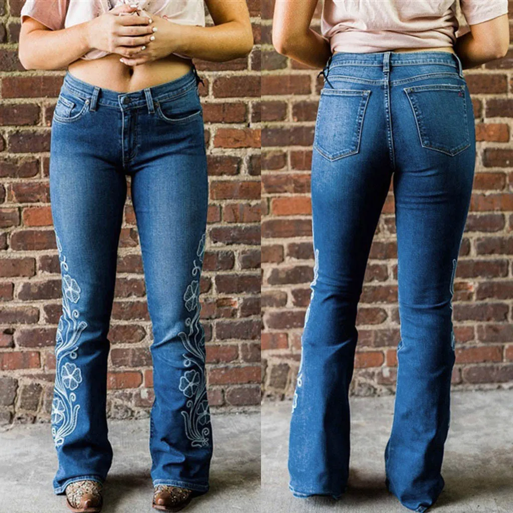 

Jeans Women Skinny Casual High Waist Embroidery Jeans Button Pocket Pants Trousers Bell-bottom Pants Jeans Mujer S10