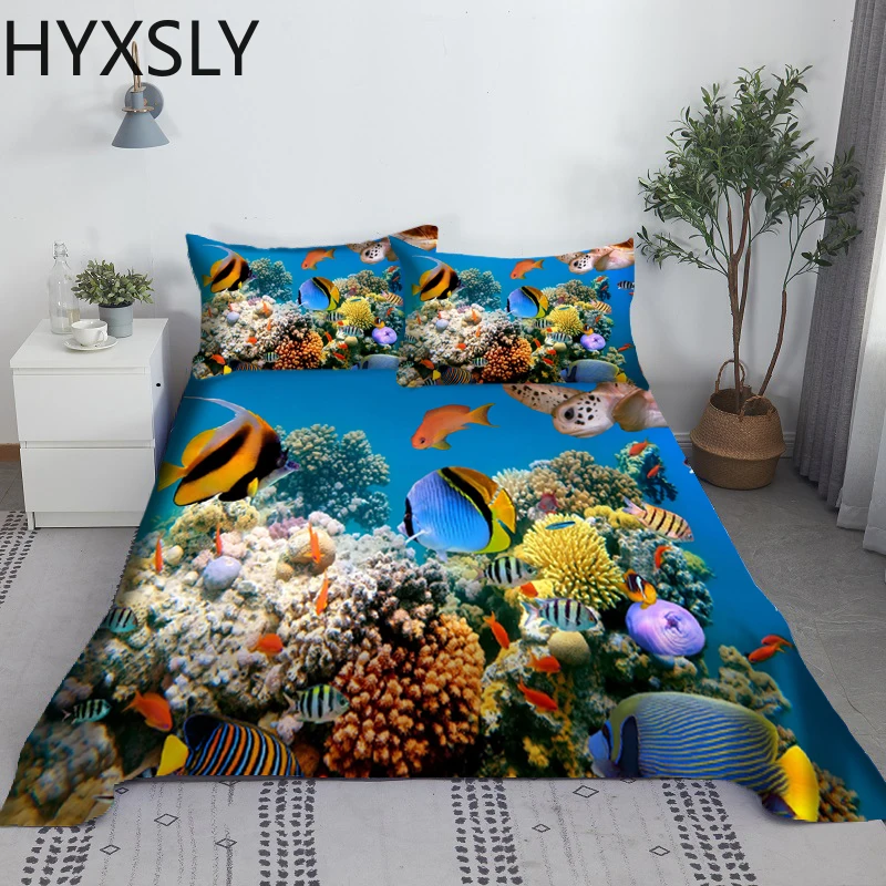 2/3PCS Marine Organism Bed Sheet Set 3D Printing Underwater World Polyester Bed Flat Sheet With Pillowcase 1/1.2/1.35/1.5/1.8/2m