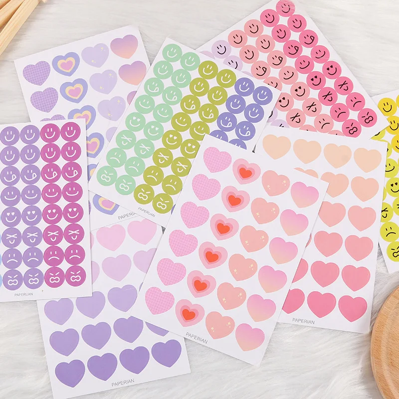 

Ins Morandi Round Smiley Expression Cute Sticker PVC Waterproof Colorful Heart Shape Decorative Stickers Scrapbooking Stationery