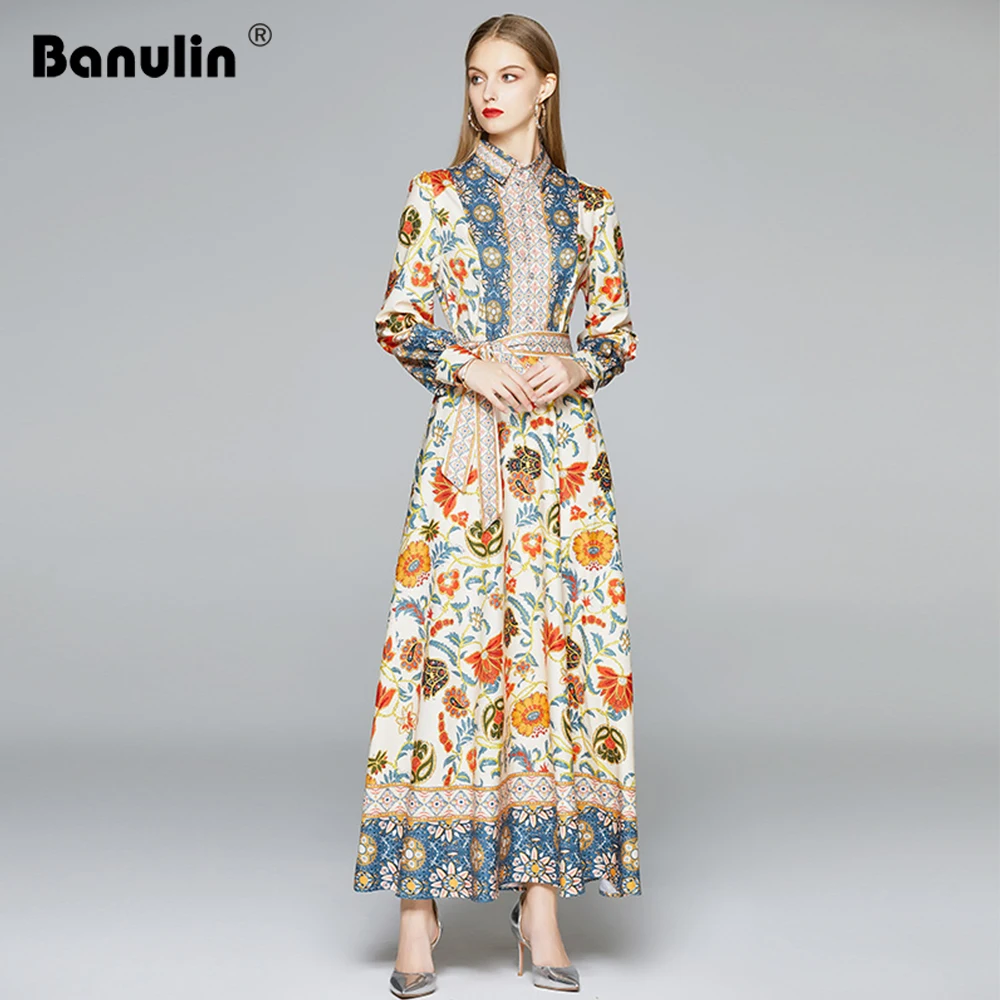 

2020 Autumn Runway Long Dresses Women's Long Sleeve Gorgeous Flower Print Buttons up Sashes Holidays Dress Robe Longue