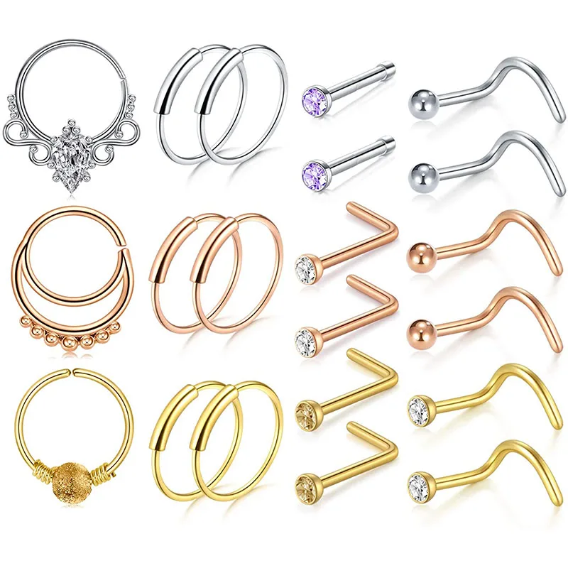 18g Nose Rings Hoop Surgical Steel Nose Studs Screw Nostril Piercing Piercing Hoops for Women