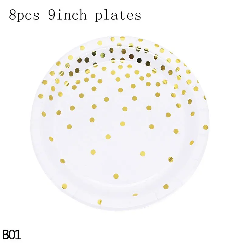 B01-8pcs plates Золотой горошек бумажные тарелки в полоску чашки соломенная бумага баннер с гирляндами детская игрушка в ванную свадьбу Дети День рождения одноразовая Вечеринка Посуда - Цвет: B01-8pcs plates
