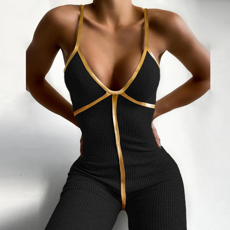 Elegant Off Shoulder Rib Knit Jumpsuit Women Rompers 2020 Sexy Sleeveless Jumpsuits Deep V Neck Backless Solid Skinny Bodysuit