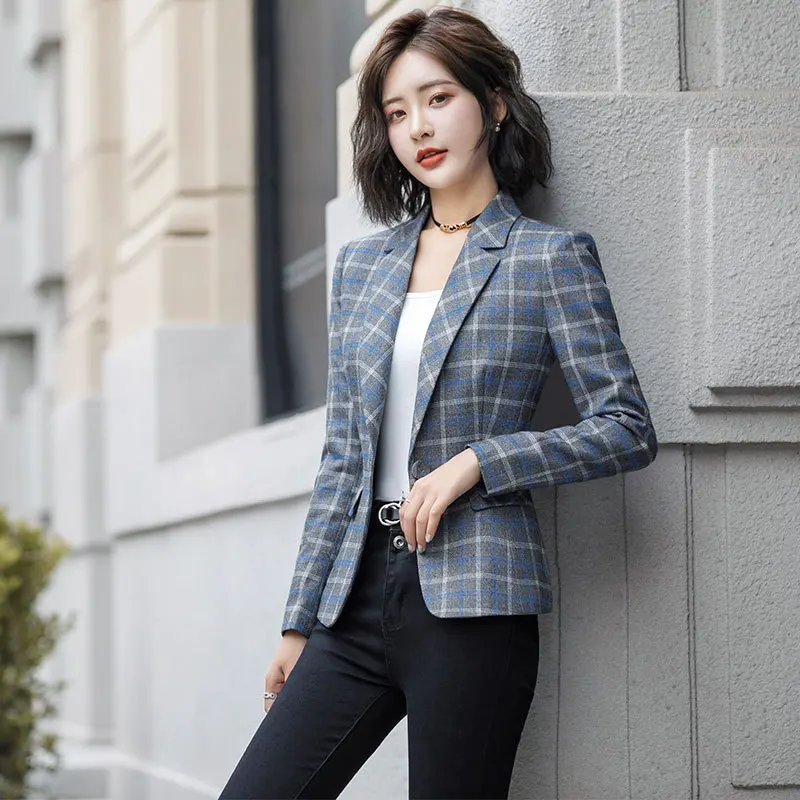 

Spring and summer new slim women jacket suit female New full sleeve one button plaid ladies blazer High quality office suit top
