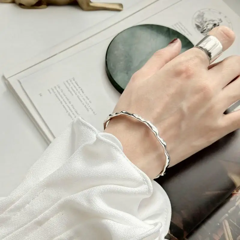 Flyleaf Irregular Surface Gold Real 925 Sterling Silver Open Bracelets For Women Fashion Fine Jewelry Cuff Bracelets& Bangles - Gem Color: Silver