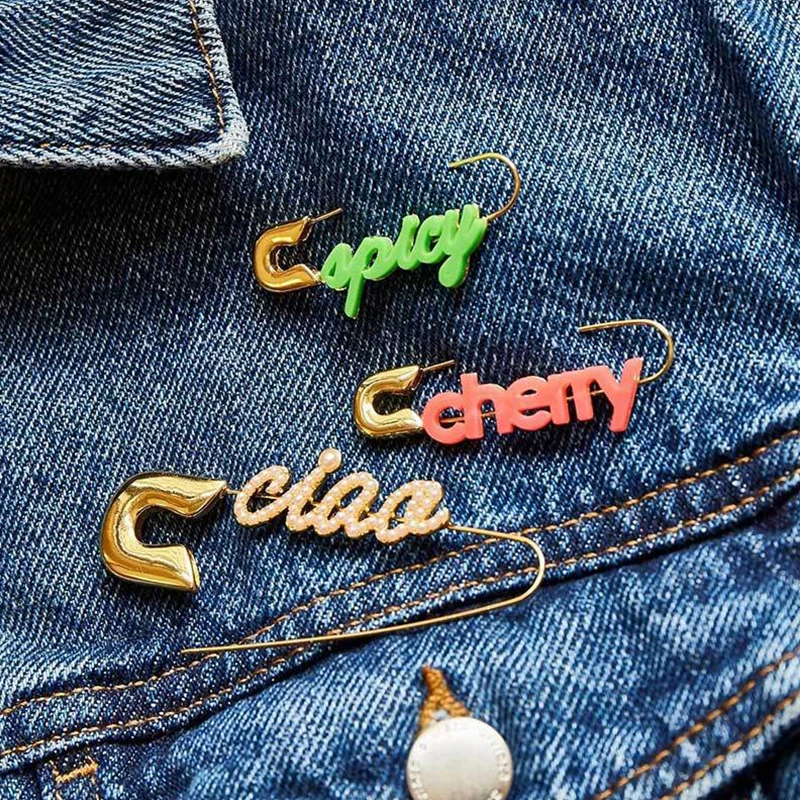 

AOMU 1Pair Korea Fashion Paperclip Shape Brooch Crystal Rhinestones Letter Cherry BABY Brooches for Women Party Jewelry