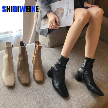 

Autumn Winter Women zipper Square toe Boots Elastic suede woman short Boots cotton ankle boots women's botas mujer 2020 New Drop