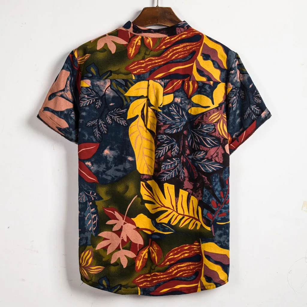 KLV, летняя мужская рубашка, с этническим принтом, стоячий воротник, хлопок, лен, в полоску, короткий рукав, свободная гавайская рубашка Хенли, гавайская, 9815