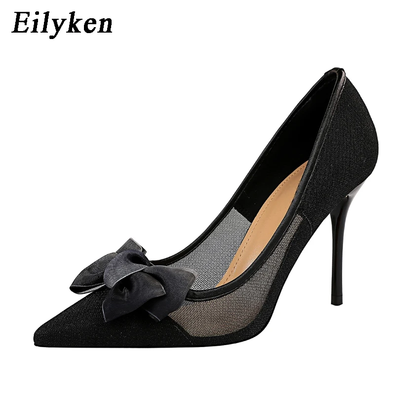 Eilyken/пикантные женские туфли из сетчатого материала; Цвет черный, синий; женские туфли-лодочки; модные туфли на высоком каблуке с бантом; женские вечерние туфли с острым носком