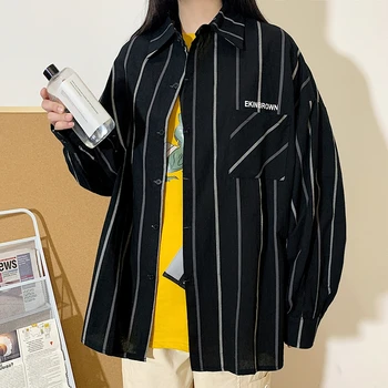 

Spring Autumn Men Women Long Sleeve Japan Style Stripe Cardigan Shirt Vintage Streetwear Hip Hop Harajuku Plus Size Shirts 7920