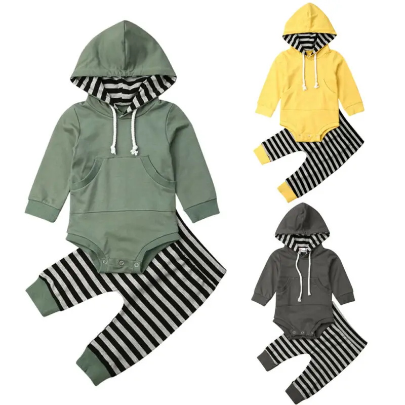Focusnorm 3 Colors 0-24M Newborn Baby Boy Hooded Tops Romper Striped Long Pants 2PCS Autumn Outfits Clothes |