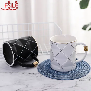 

450ml Nordic Ins Creative Harajuku Gold and Black and White Lattice Ceramic Mug Office Business Tea Cup Breakfast Milk Gift Cup