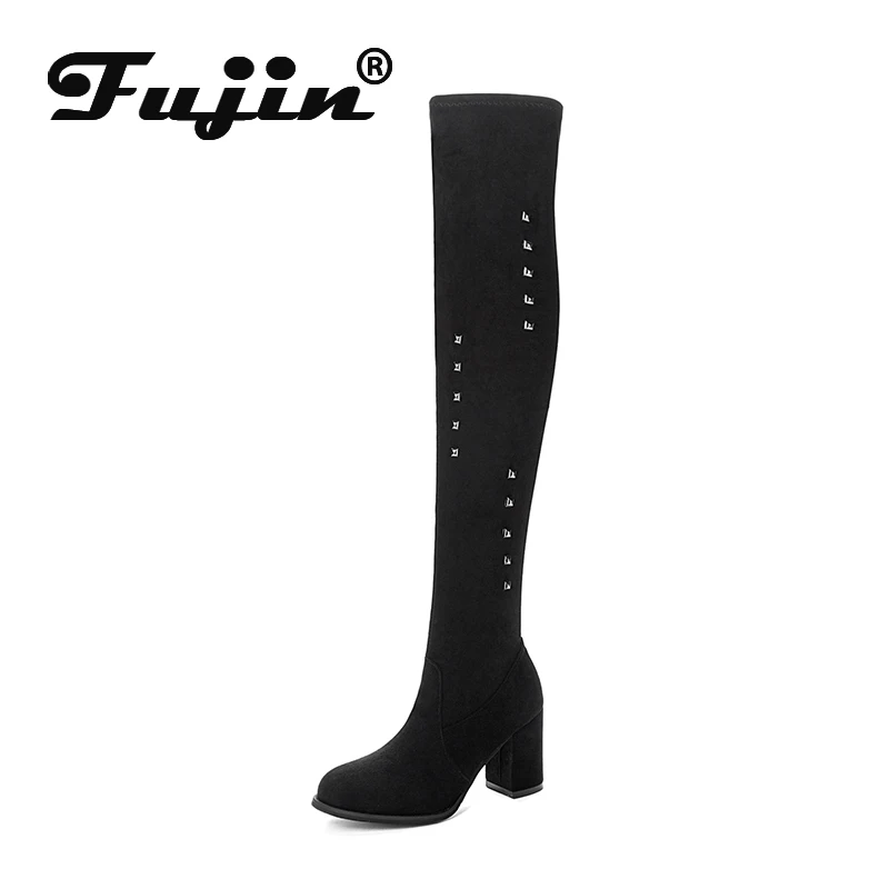 Fujin/женские сапоги; плюшевые сапоги с круглым носком; Прямая поставка; высокие сапоги на квадратном каблуке, визуально увеличивающие рост; модные повседневные Сапоги выше колена с перекрестной шнуровкой