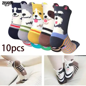 

Women Casual Non Slip Breathable Comfortable Pack of Cute Small dog, Striped Middle Tube Multi Socks