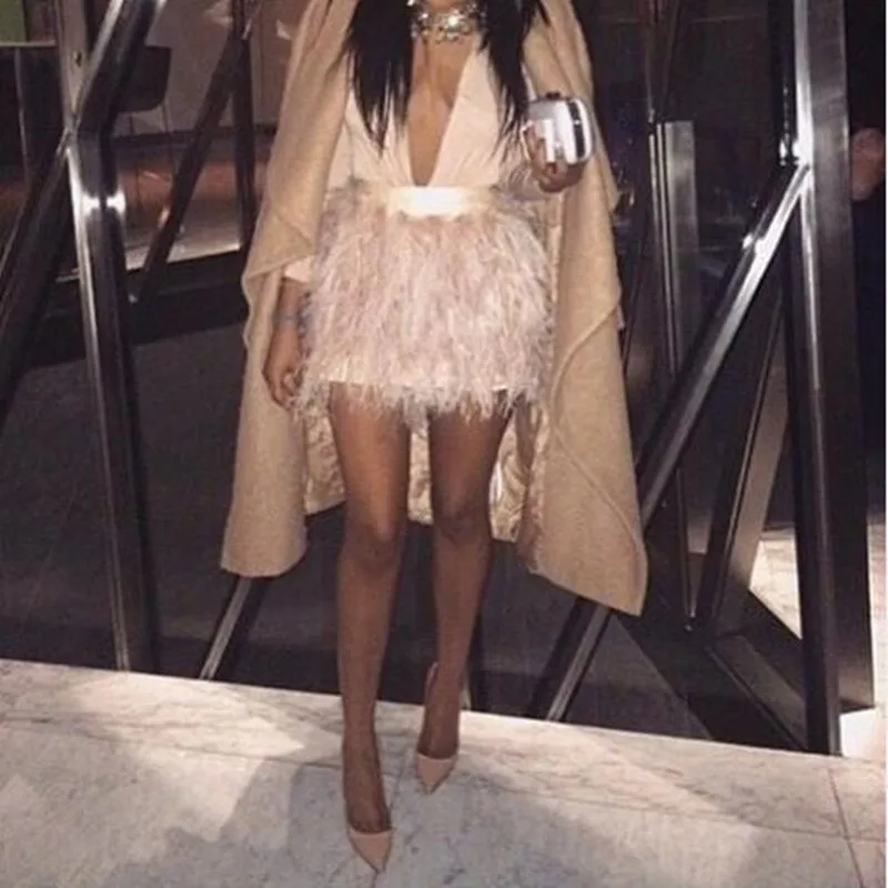 

Trendy Puffy Feather Satin Mini Formal Skirts Women Zipper Waistline Above Knee Party Skirts Custom