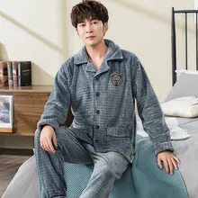 

Winter Men Flannel Pajamas Warm 2 Pcs Simple Sleepwear Fleece Pijamas Long Sleeve Dark Grey Home Wear Thicken Pjyamas Large Size