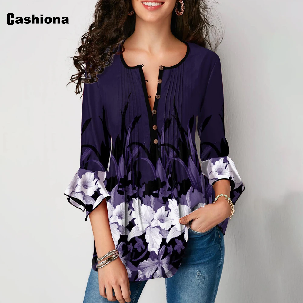 

Cashiona Plus Size 4xl 5xl Elegant Boho Flower Print Tees Shirt Women Tops Butterfly Sleeve V neck Buttons Summer Casual T-shirt