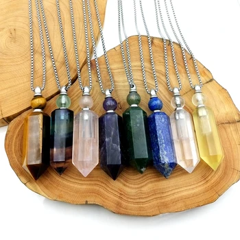 

Natural Hexagon prism perfume bottle Pendant Genuine Gems stone vial rose quartzs crystal amethysts diffuser for Necklace