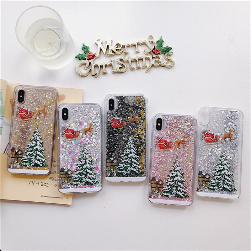 

Dynamic Liquid Quicksand Christmas Phone Case For iPhone 11Pro Max XR X XS 6 7 8 8 Plus Cover For Samsung Note 10 Plus 10 9 8