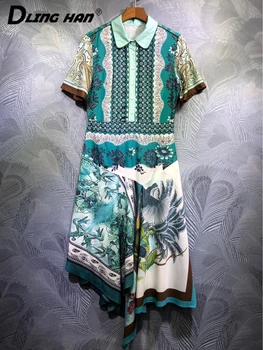 

DLINGHAN Vintage Print irregular Hem Dress Fashion Turn-down Collar Short sleeve Dresses Spring Summer Women's New