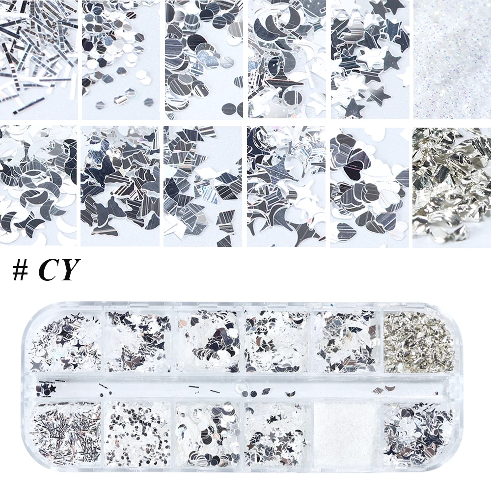 12 сеток/Набор Блестящий голографический блестящий для ногтей порошок Серебряный Синий нерегулярный Платиновый хлопья гвоздь искусство хромированный пигмент для маникюра LA1517