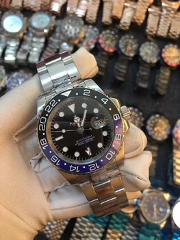 

Classic New Men Automatic Mechanical Watches Silver Black Blue Red Ceramic Bezel GMT Stainless Steel Sapphire Glass Watch