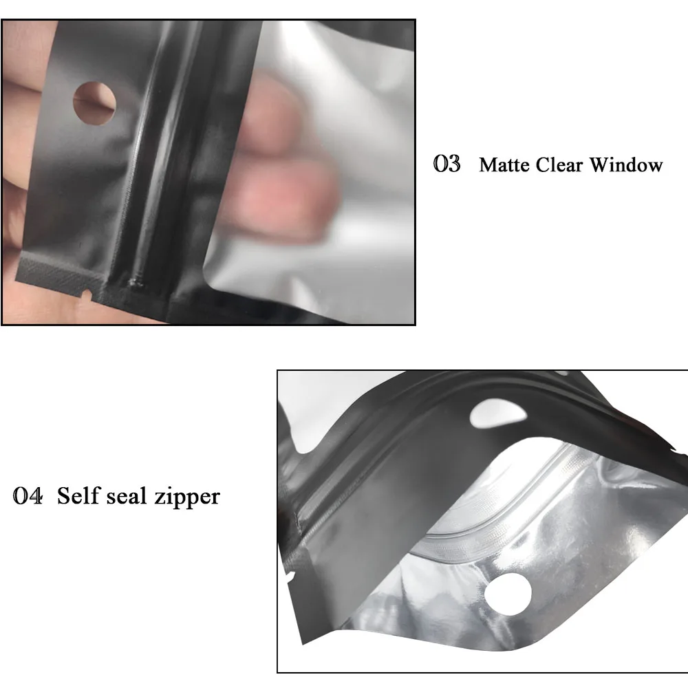 100pcs/lot Reclosable Matte Black Jewelry Gift Package Aluminum Bag Self Sealing Mylar Foil Zipper Pouch with Hang Hole