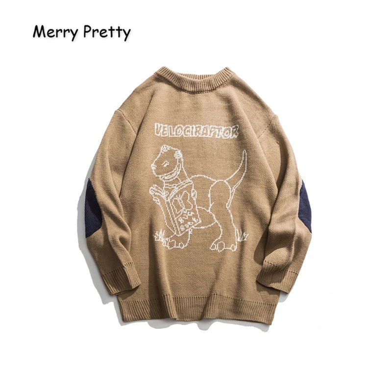 MERRY PRETTY женский и мужской вязаный свитер с рисунком динозавра из мультфильма, Забавный парный свитер с вышивкой, зимний теплый джемпер в Корейском стиле, пуловер