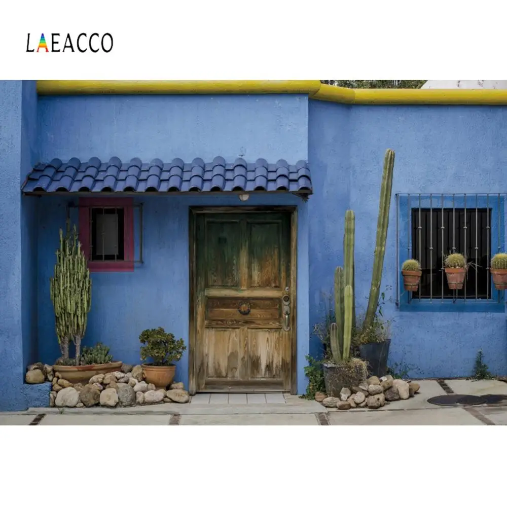 Фотофоны Laeacco с изображением синей стены хижины кактуса фермы двери окна