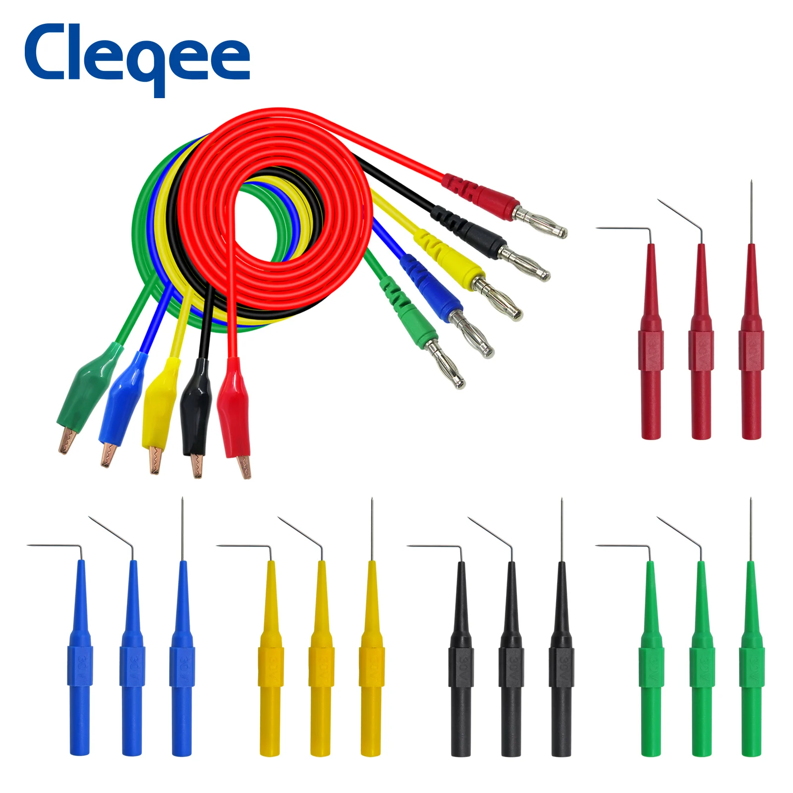 

Cleqee P1920 Alligator Clip to Banana Plug Test Lead Kit Sharp Test Probe with 4mm Socket 0.7mm Back Probe Kit for Multimeter