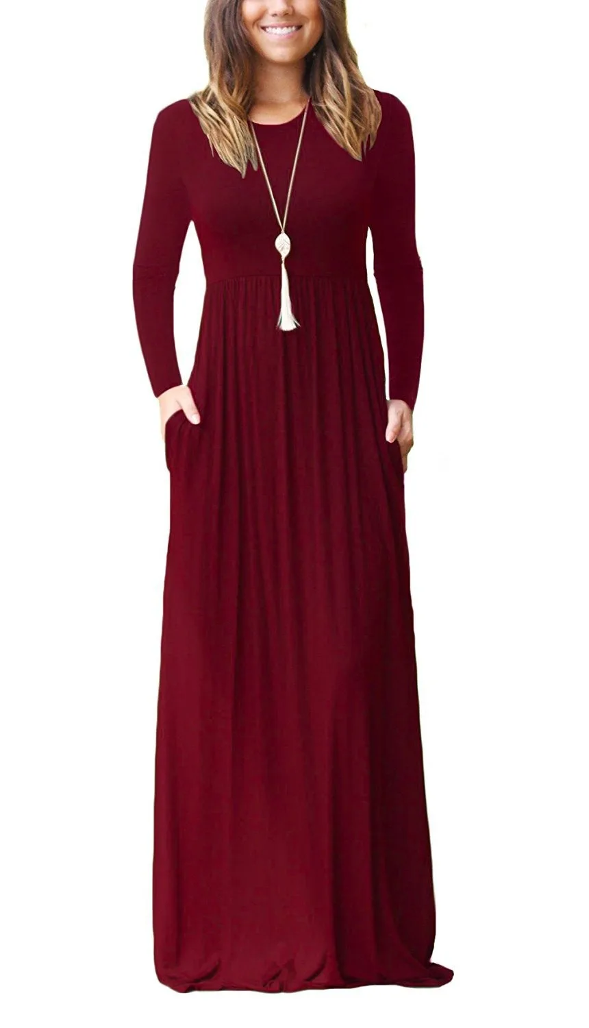 Лето осень Ovei размер d Макси длинное платье женское с длинным рукавом Бохо карман платье повседневное одноцветное Vestido Femininos размера плюс XXXL - Цвет: Wine Red