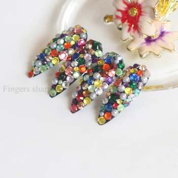 

Extra long pointed oval fake nails crystal diamond nail Colorful diamond black