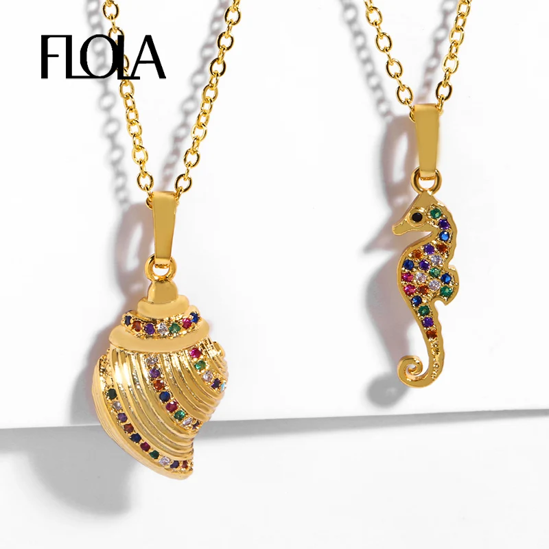 

FLOLA 24k Gold Pendant Snake Necklace Rainbow Pave CZ Shell Sterling Silver Necklace Collar De Serpiente Dainty Choker nkep40
