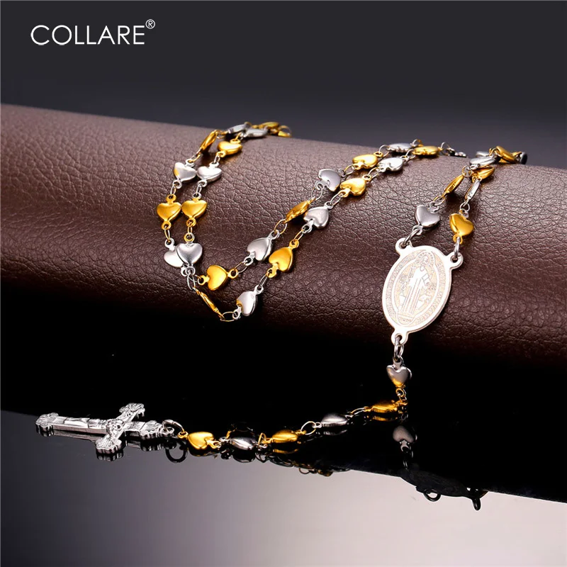 Collare Cross Chain Rosary Necklace Gold Color Heart Linked Stainless Steel Necklace Women Men Saint Benedict Medal Jewelry N217